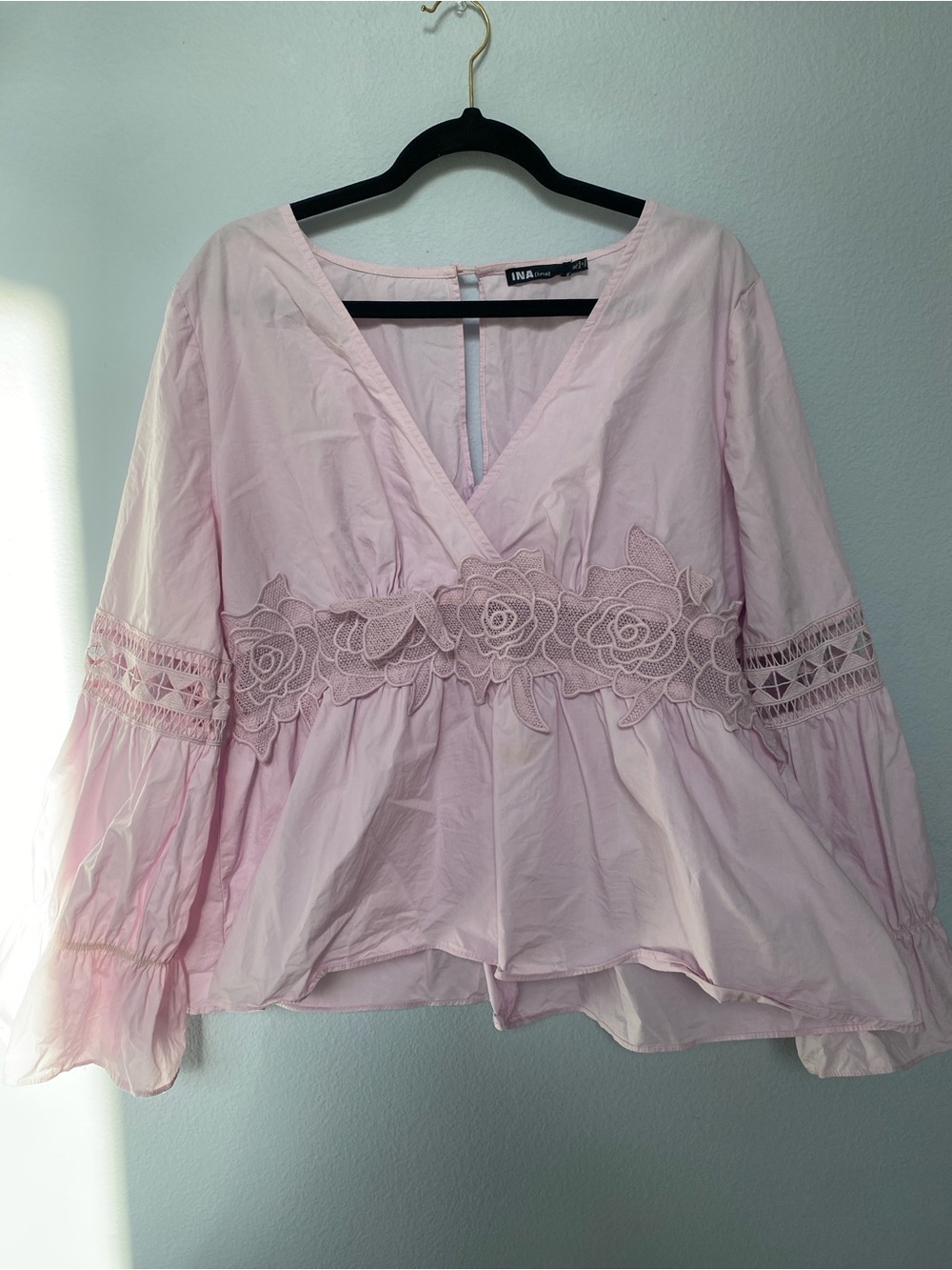 Ina Light Pink Lace-Trim V-Neck Peasant Blouse